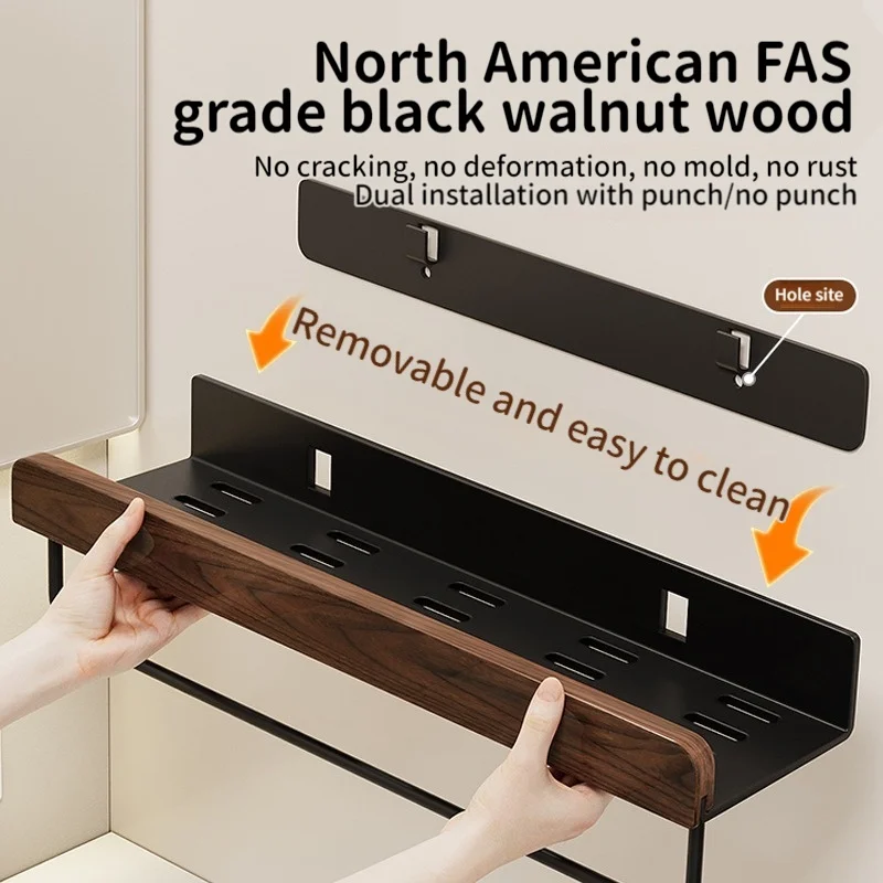 Removable Upgraded Walnut Wood Bathroom Shelf Wall Mount Punch Free Bathroom Storage Rack Multifunctional Shower Organizer Holde