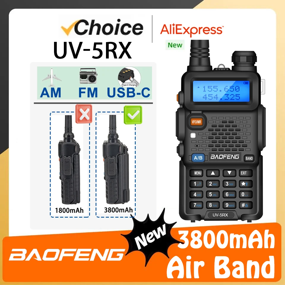 Baofeng UV-5RX 3800mAh Handheld Radio Enlarged Thicker Battery USB-C Charge Multi Bands AM Aviation Band 128 Channel Transceiver