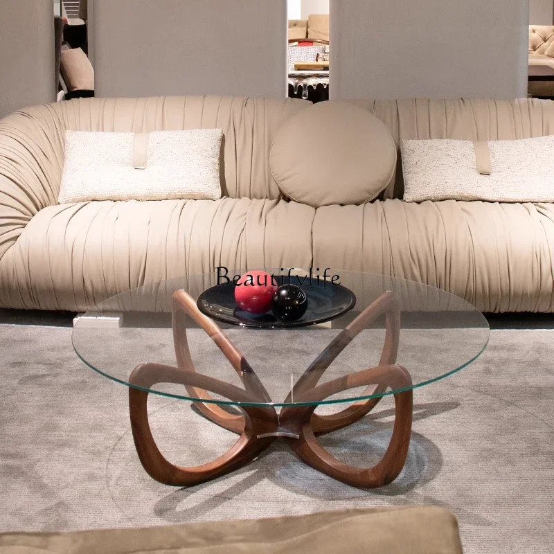 

LXNordic simple modern style small apartment living room solid wood ash wood tempered glass round coffee table