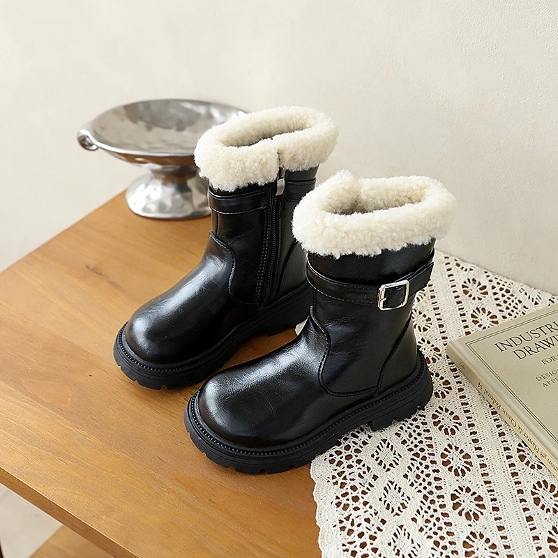 JGSHOWKITO Children's Winter Boots for Outdoor Soft Furry Hairy Girls Mid-calf Boots Warm Thick Bottom Kids Fashion Plush Boots
