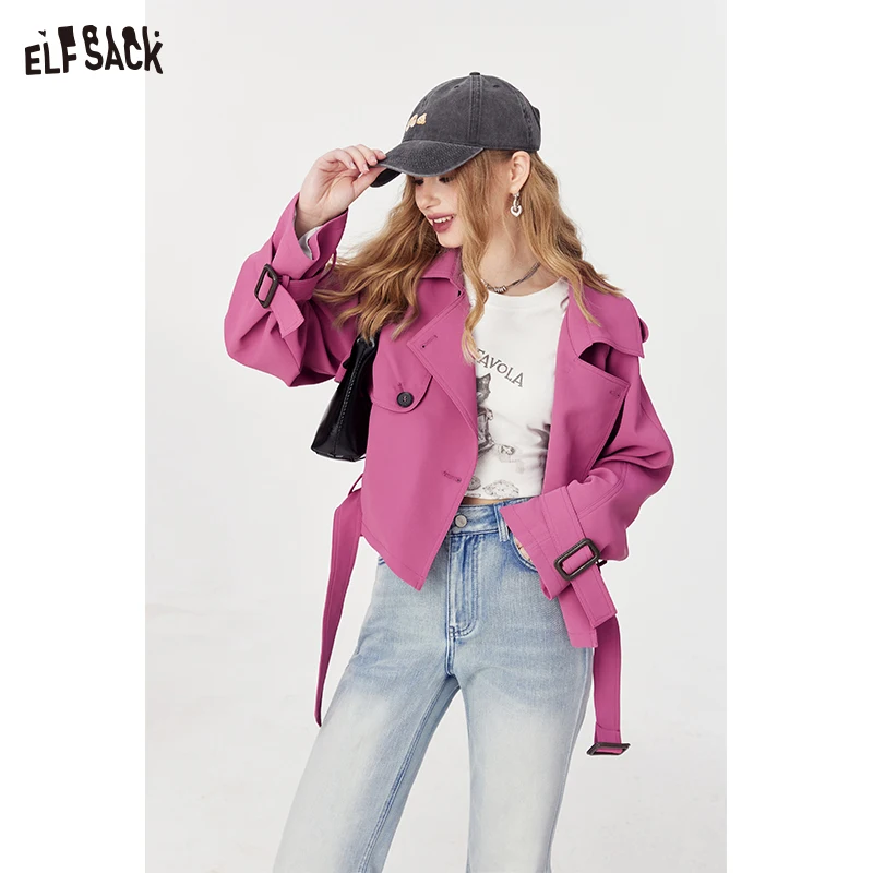 ELFSACK versatile casual windbreak cropped coat for women 2024 spring new loose lapel young energrtic pink coat