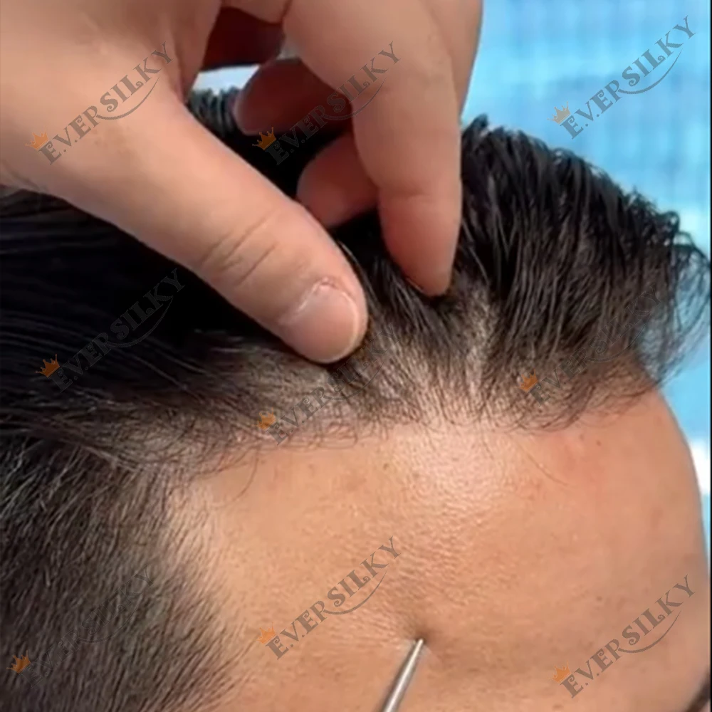 

Natural Hairline 0.02mm Super Thin Skin 80-90%Density Invisible Men Toupee Light Brown Grey 380# Human Hair Capillary Prosthesis