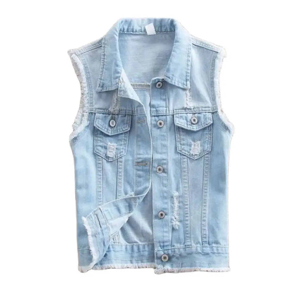 Autumn Women Denim Vests Sleeveless Waistcoat Students Casual Jean Tops Slim Jackets Hole Spring Slim Outersear Burrs Vest