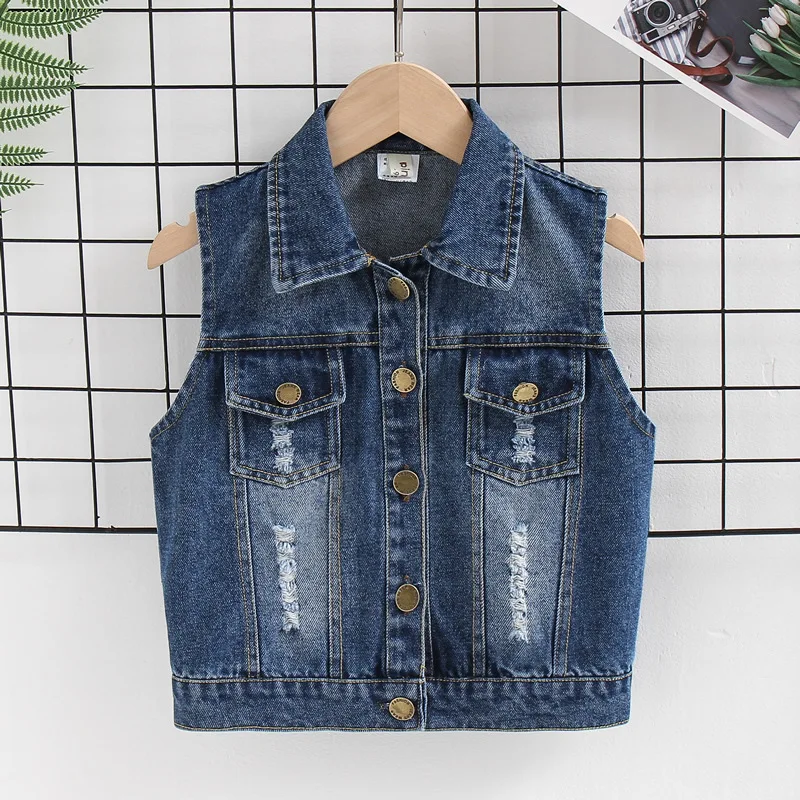 Children\'s Denim Vest Waistcoat Boys Fashion Hole Cotton Jacket Baby Girls Classic Denim Coats Spring Autumn Clothin Fit 2-7 Y