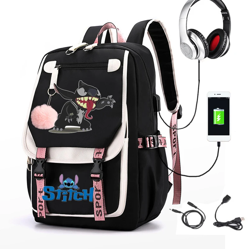 Lilo & Stitch Backpacks USB Waterproof Patchwork Lightweight Bagpack Capacity Laptop School Bags Teenage Travel Bag