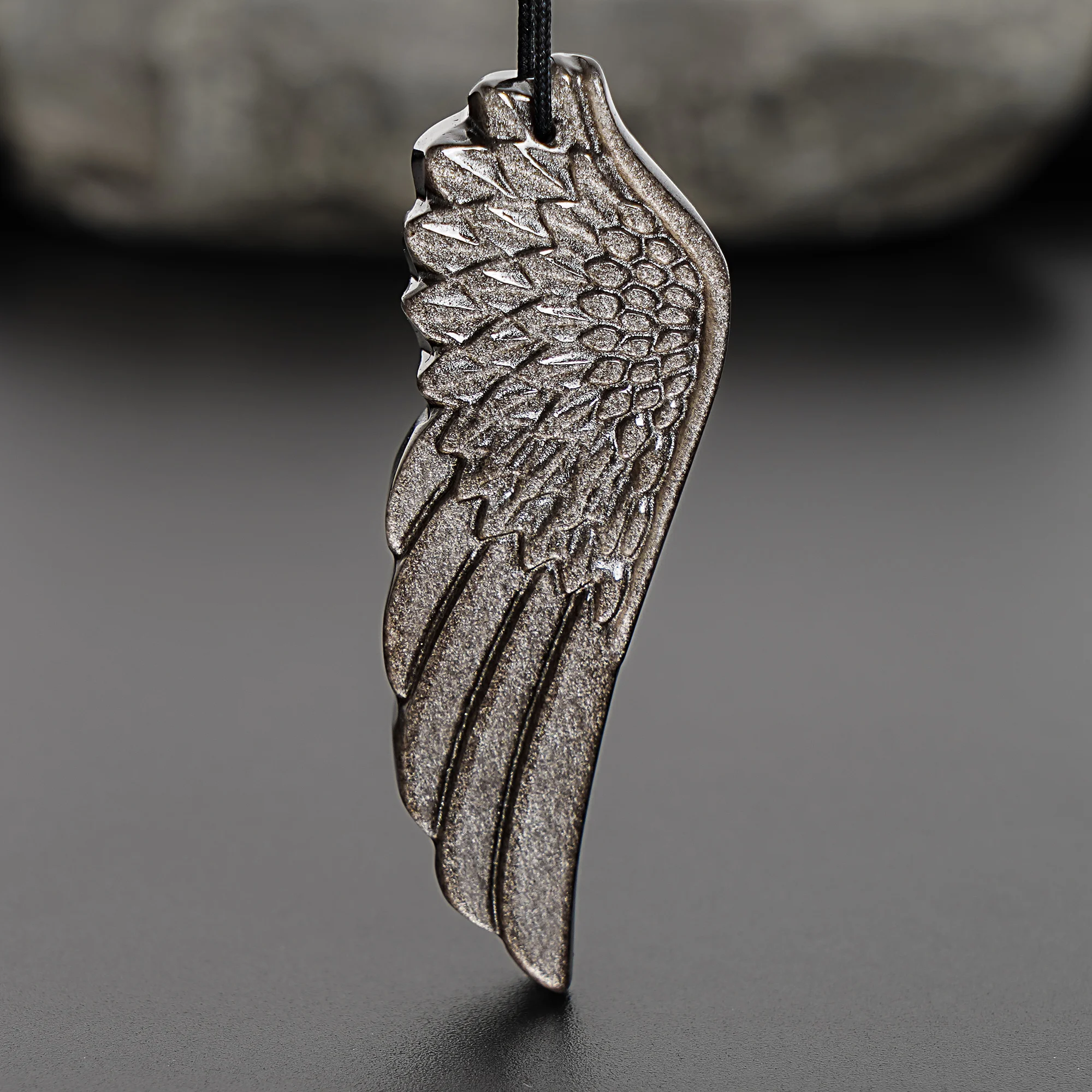 

Mystical Archangel Wing Pendant Genuine Natural Silver Obsidian Hand Carved Protection Charm 60x22x9mm for Necklace Diy Jewelry