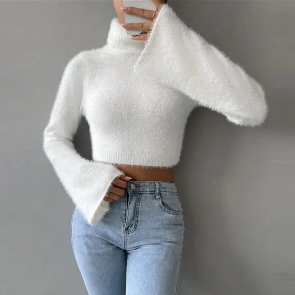 Women Plush Pullover Stylish Women's High Collar Cropped Sweater with Flared Long Sleeves Solid Color Slim Fit for Exposed