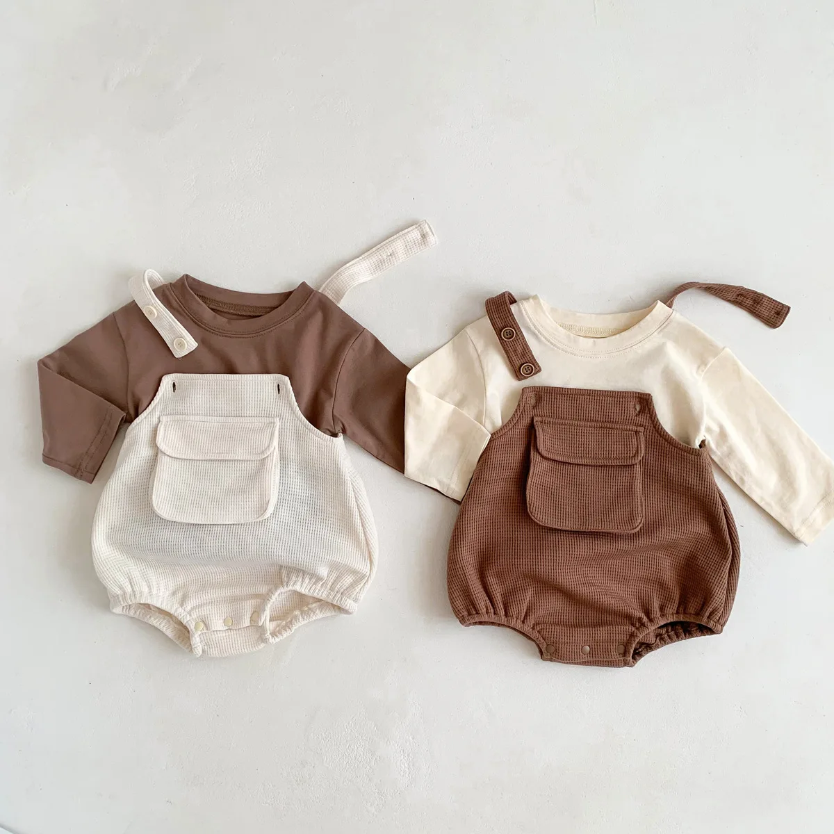 

2024 Autumn New In Infant Newborn Baby Girls Boys Solid Color Full Sleeve Top Tees Waffle Pocket Strap Bodysuits Kids Clothing