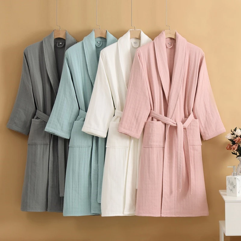 

100% хлопок, 4-слойный марлевый халат, кимоно, юката, однотонный халат для пар, одежда для сна, осень-зима, новая плотная ночная рубашка, домашняя одежда