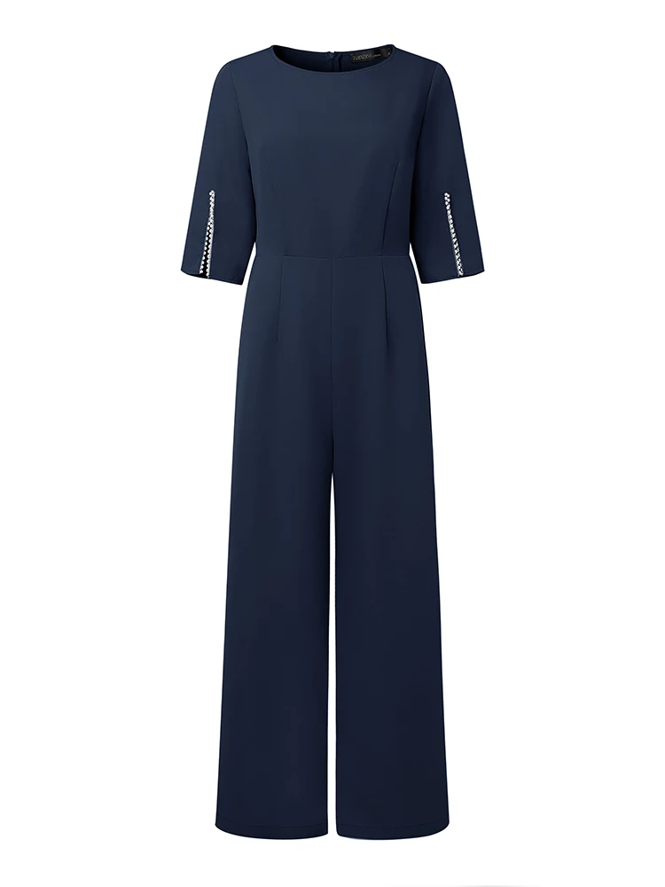 

ZANZEA 2022, летние элегантные длинные комбинезоны, женские однотонные комбинезоны с жемчугом, модные повседневные вечерние офисные уличные комбинезоны с рукавами 3/4, комбинезоны