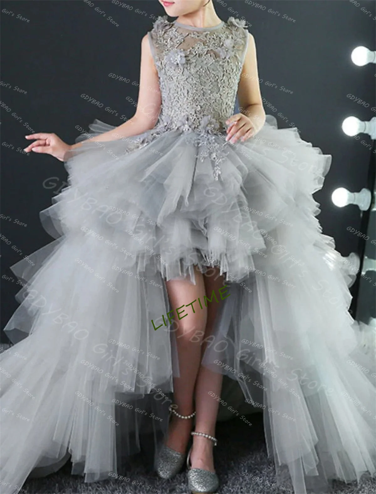 CustomizedHigh-Low Tiered Princess Pageant Dress Lace Applique Tulle Flower Girl & Birthday Gown for Weddings  Girls Adjustable