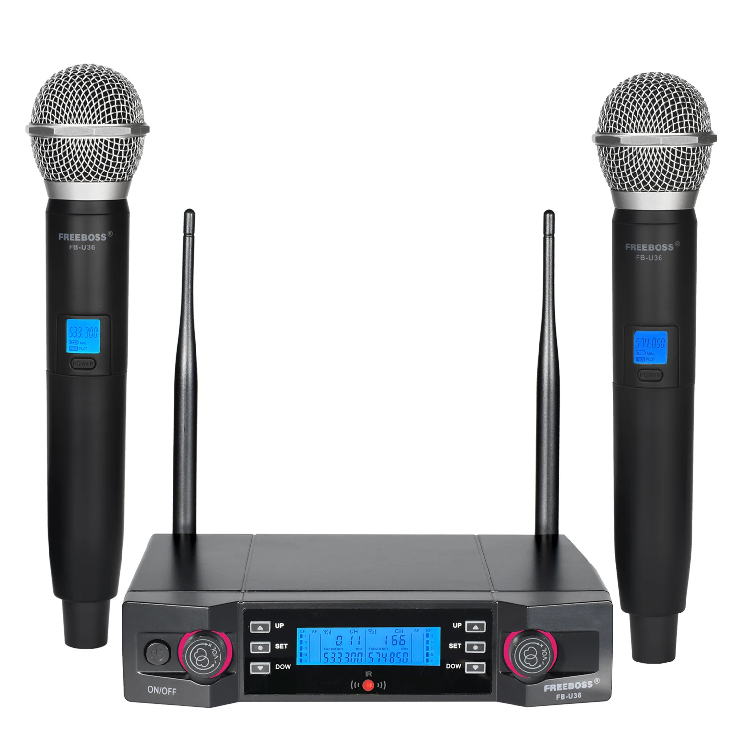 

Freeboss UHF 2 Way Wireless Microphone Adjustable Frequency Sync Cardioid Dynamic Handheld Mic for Karaoke Meeting Party FB-U36