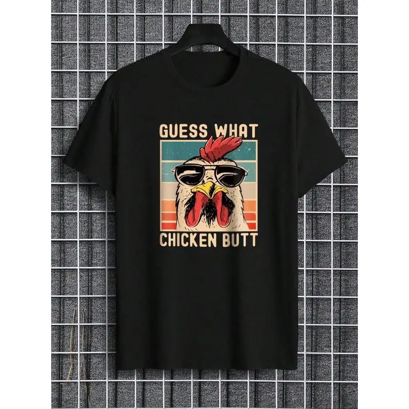 

Funny Chicken T-Shirt Guess What Chicken Butt Graphic Print Retro Humor Gift Oversized Streetwear Casual Tee S-3XL