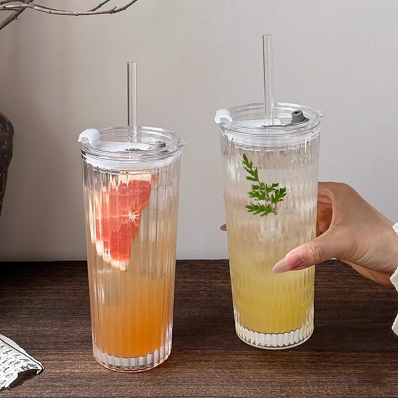 كوب عصير شفاف ذو مظهر عالي القيمة، كوب زجاجي جديد، كوب ماء للمكتب، مشروب ذو سعة كبيرة مع كوب من القش بغطاء ﻿