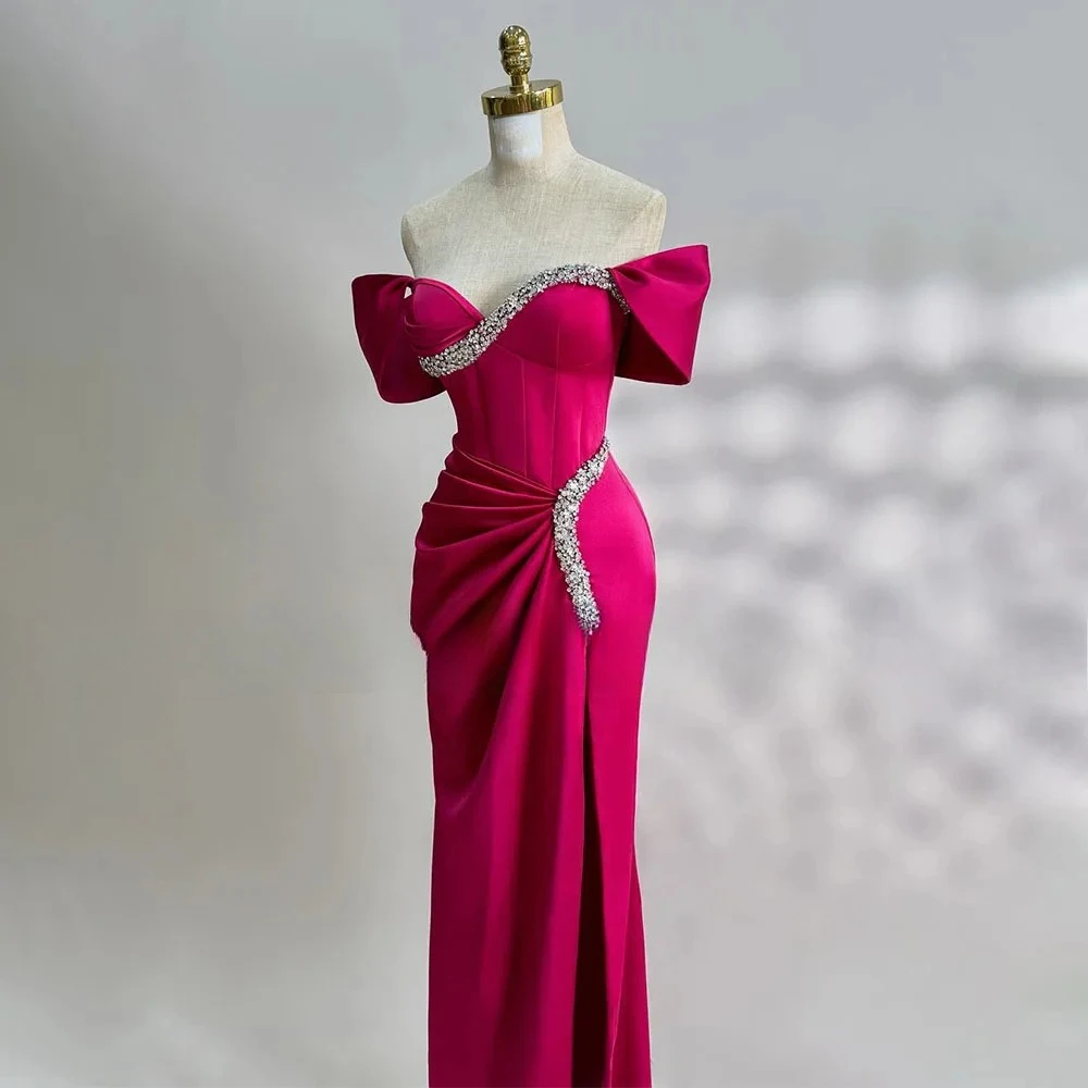 Customized Evening Dresses Off The Shoulder Crystals Sweetheart Column Prom Gowns Floor Length Ruched Formal Party Dress Women