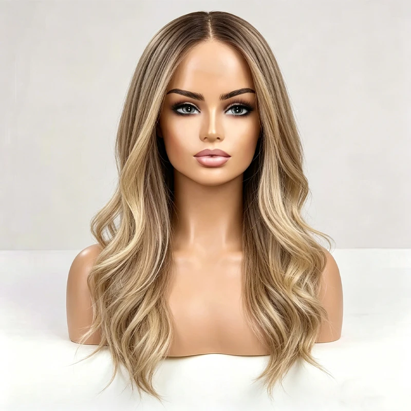 26 Inches Ombre Blonde Brown Balayage Highlights Washable Synthetic HD Lace Front Wig High Quality Glueless Wig Small Large Cap