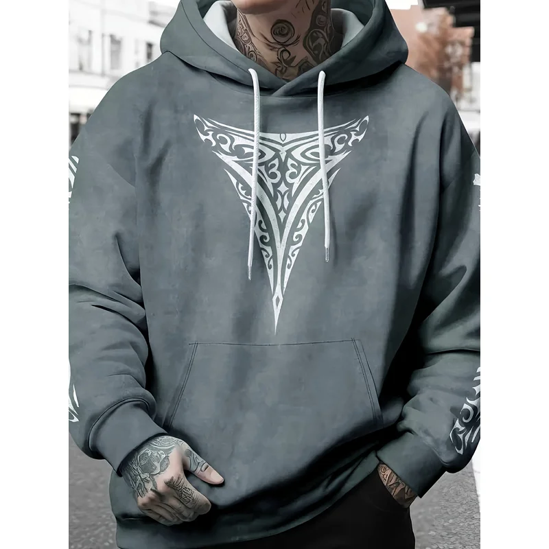 Men Plus Size Maori Tribal Tattoo Print Hoodie Loose Shoulder Long Sleeve Streetwear Pullover Casual Top For Theme Events