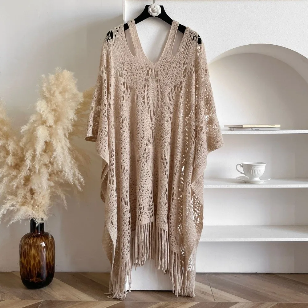 Casual Sun Protection Bohemian Shawl Plus Size Tassels Knit Hollow Out Top Loose Beach Wear Summer Beach Cloak Vacation