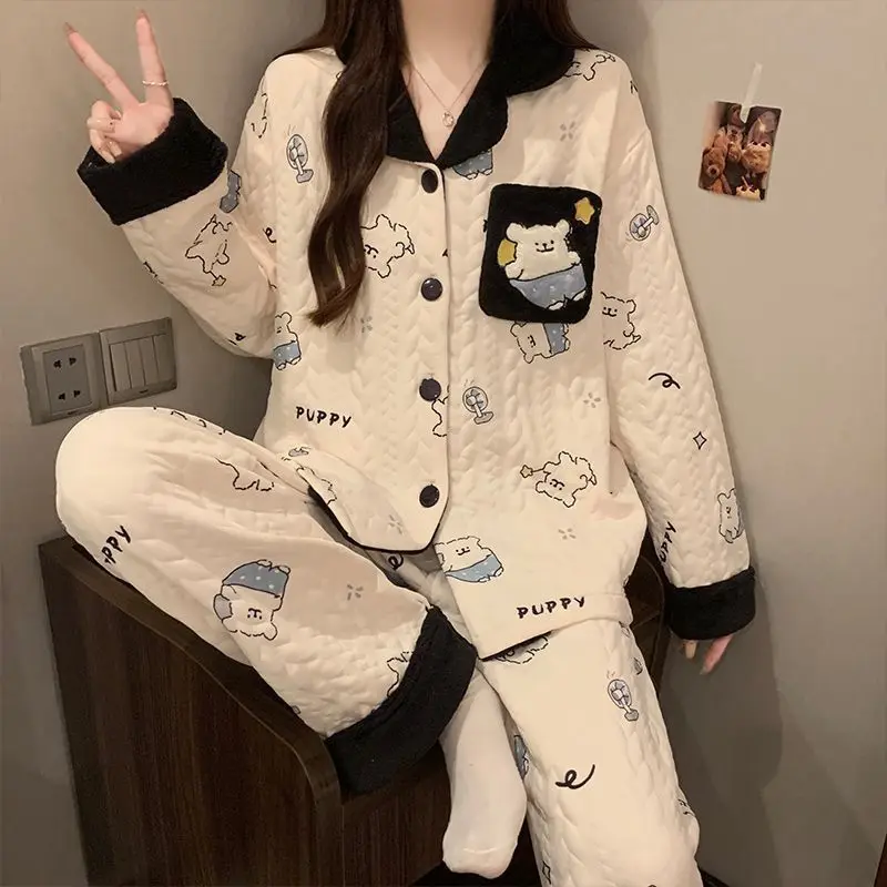Rilakkuma Pyjama Winter Nieuwe Lucht Katoen Sandwich vrouwen Lange Mouw Dikke Warme Pyjama Set Losse Thuis Kleding meisje Geschenken Speelgoed