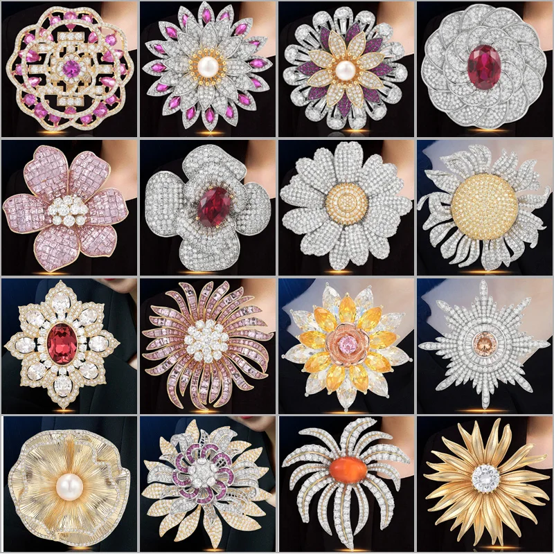 Broches de flores exquisitas de gama alta con microincrustaciones de circón ligero de lujo, accesorios de Pin de regalo a la moda con girasol, loto, Margarita y rosa