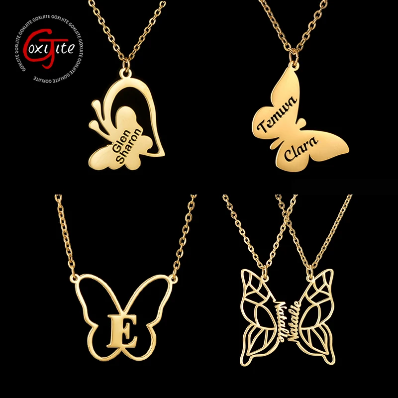 Goxijite Customized Name Necklace For Women Girls Personalized Letter Hollow Butterfly Necklaces Exquisite Jewelry Birthday Gift