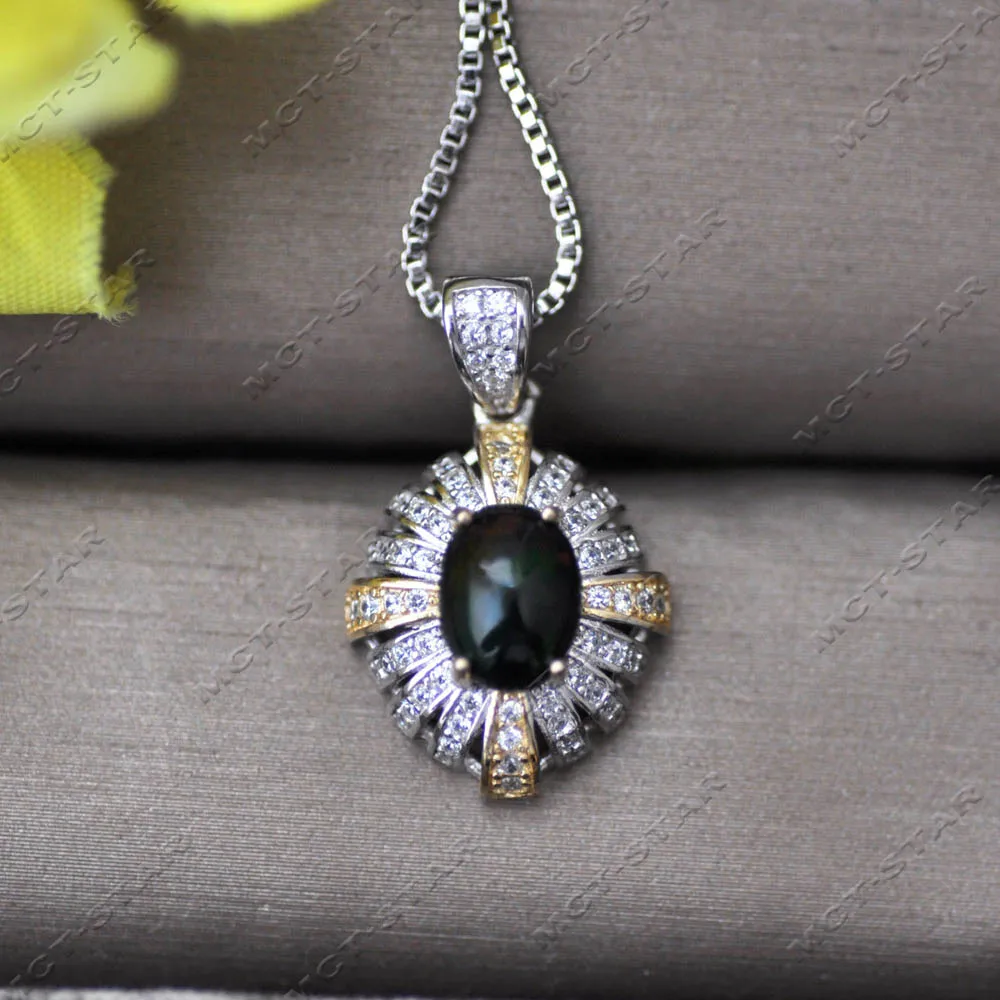Z14287 Z14287 Oval 16mm Natural Peacock-Green Black Opal Stone Pendant CZ Metal Sterling silver