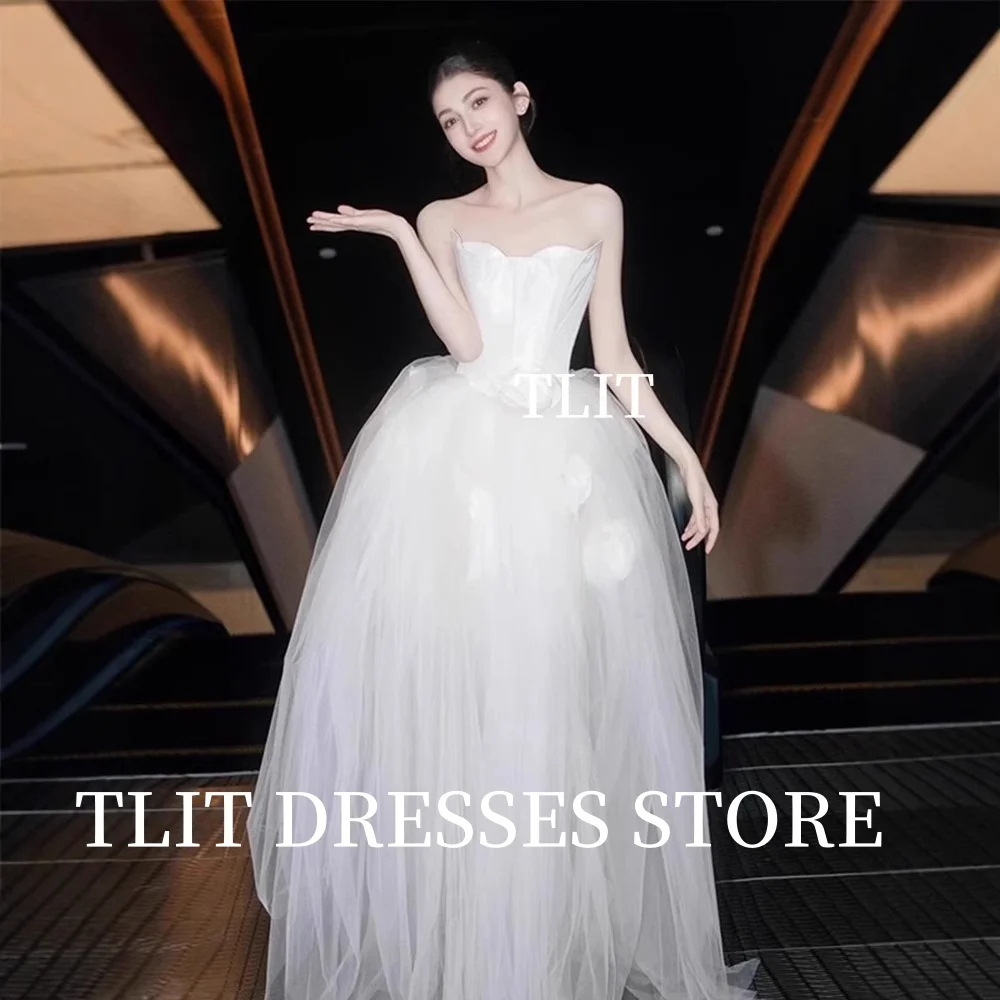TLIT فساتين زفاف بسيطة من الحرير الأبيض والساتان بدون حمالات من التل بحاشية فستان زفاف كوري فساتين زفاف تبادل لاطلاق النار مخصصة لحفلات الزفاف
