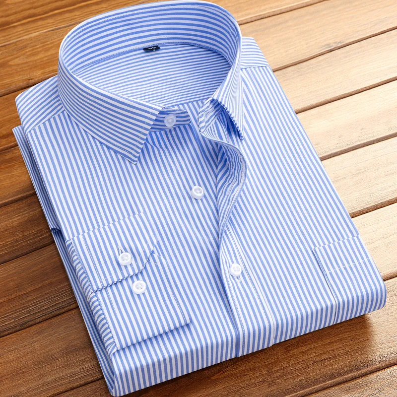 Men\'s formal shirt long-sleeved office solid color striped with pockets anti-wrinkle no-iron fashion business white shirt