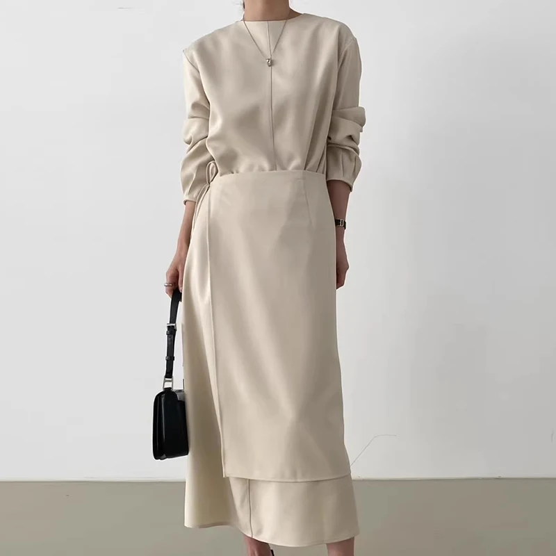 Korea Chic Autumn Simple and Relaxed Casual Long-sleeved Dress+lace-up Skirt 2025 Autumn Two-piece Suit