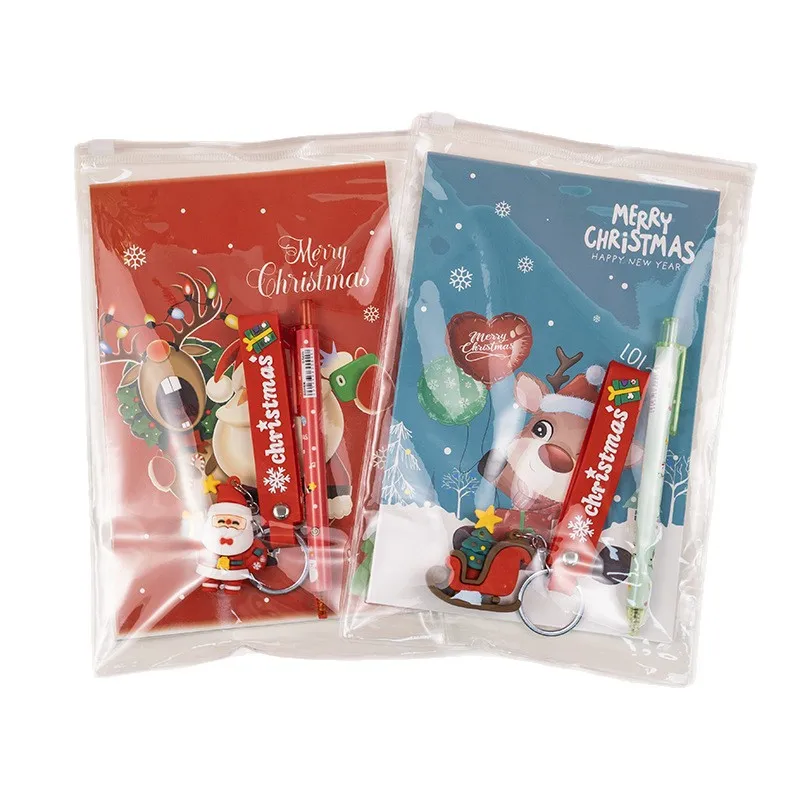 Xmas Stationery Gift Pack for Kids School Rewards, Stitched Line Notebook, Click Pen, Cute Plush Keychain