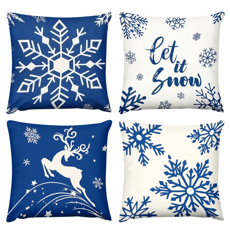 Juego  4 fundas  almohada naviñas azules y blancas | Con copos  nieve, renos, texto 