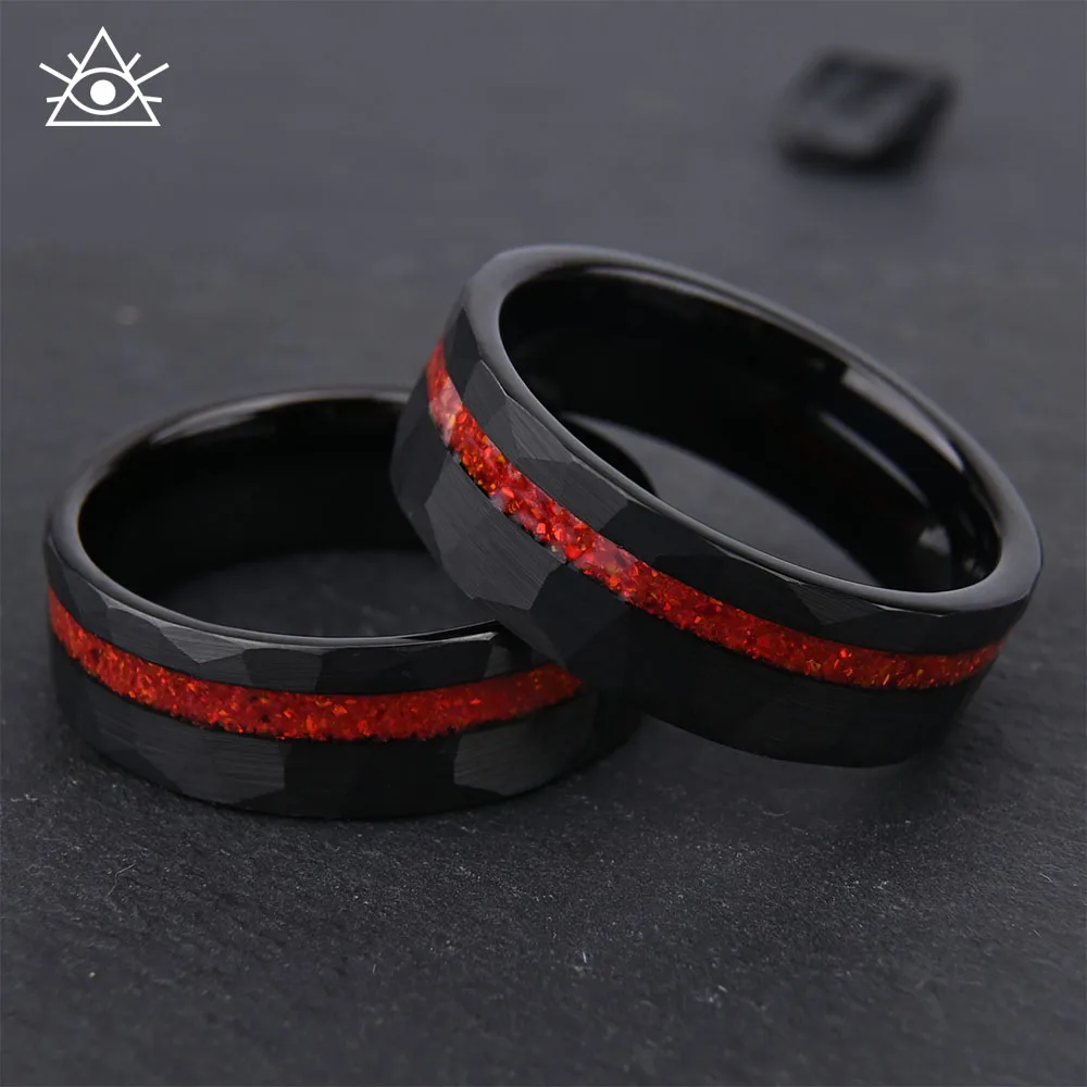 

High-end faceted tungsten steel flat-hammered black ring set with red and blue opal tungsten gold ring