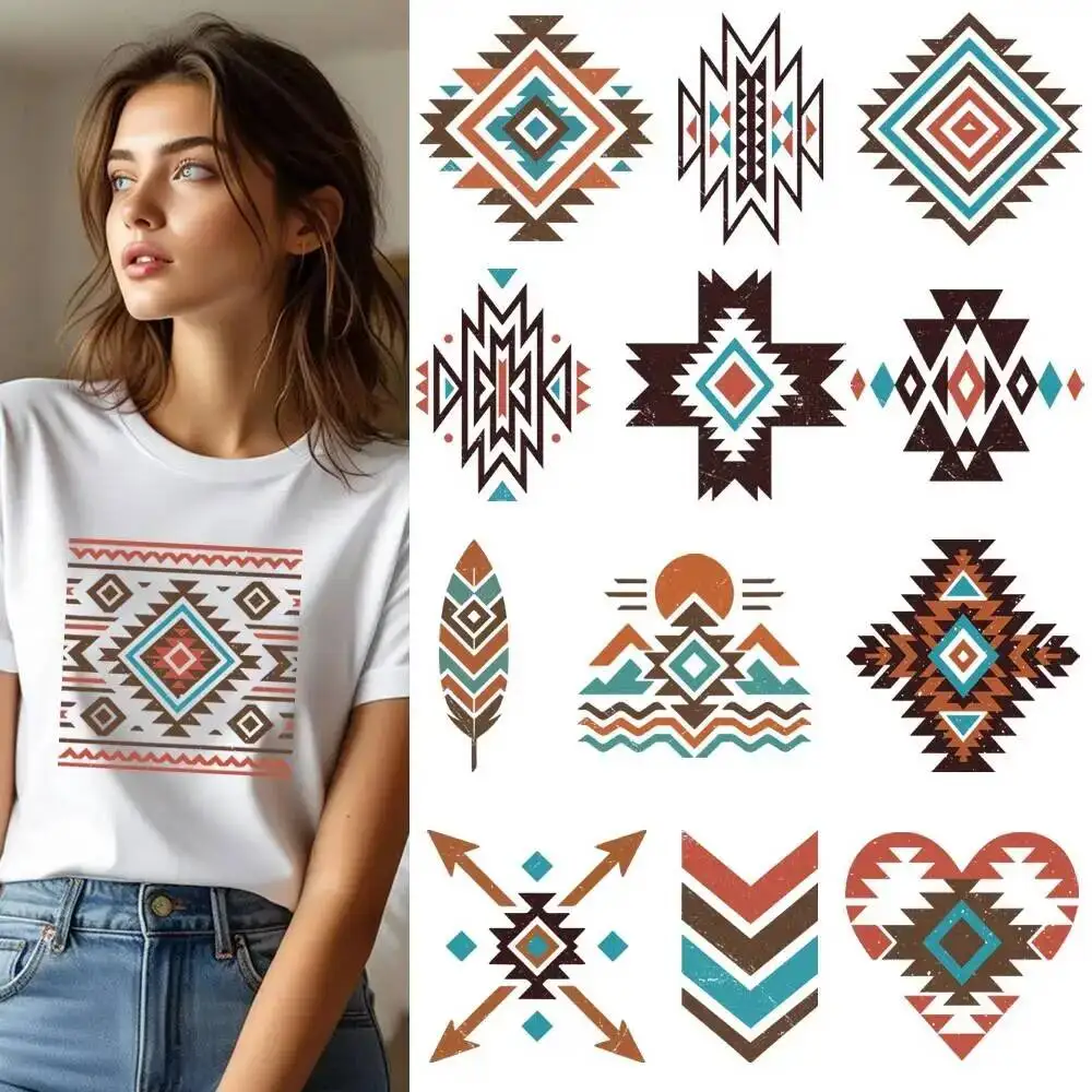 Bohemian Style Geometric Patterns Transfer Patches For Clothes Applqiues DIY A-Level Washable T-shirts Iron-on Thermal Stickers