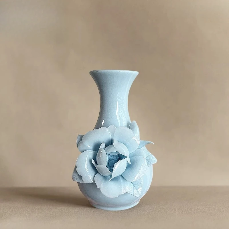 Blue peony vase, pure hand-squeezed flower ceramic vase