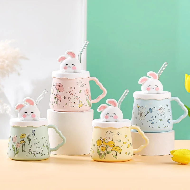 Taza con pajita de conejo bonito de dibujos animados de 420ML con tapa, Taza de cerámica, regalo para el hogar, la mejor amiga de la niña, taza de agua, bonita taza de conejito