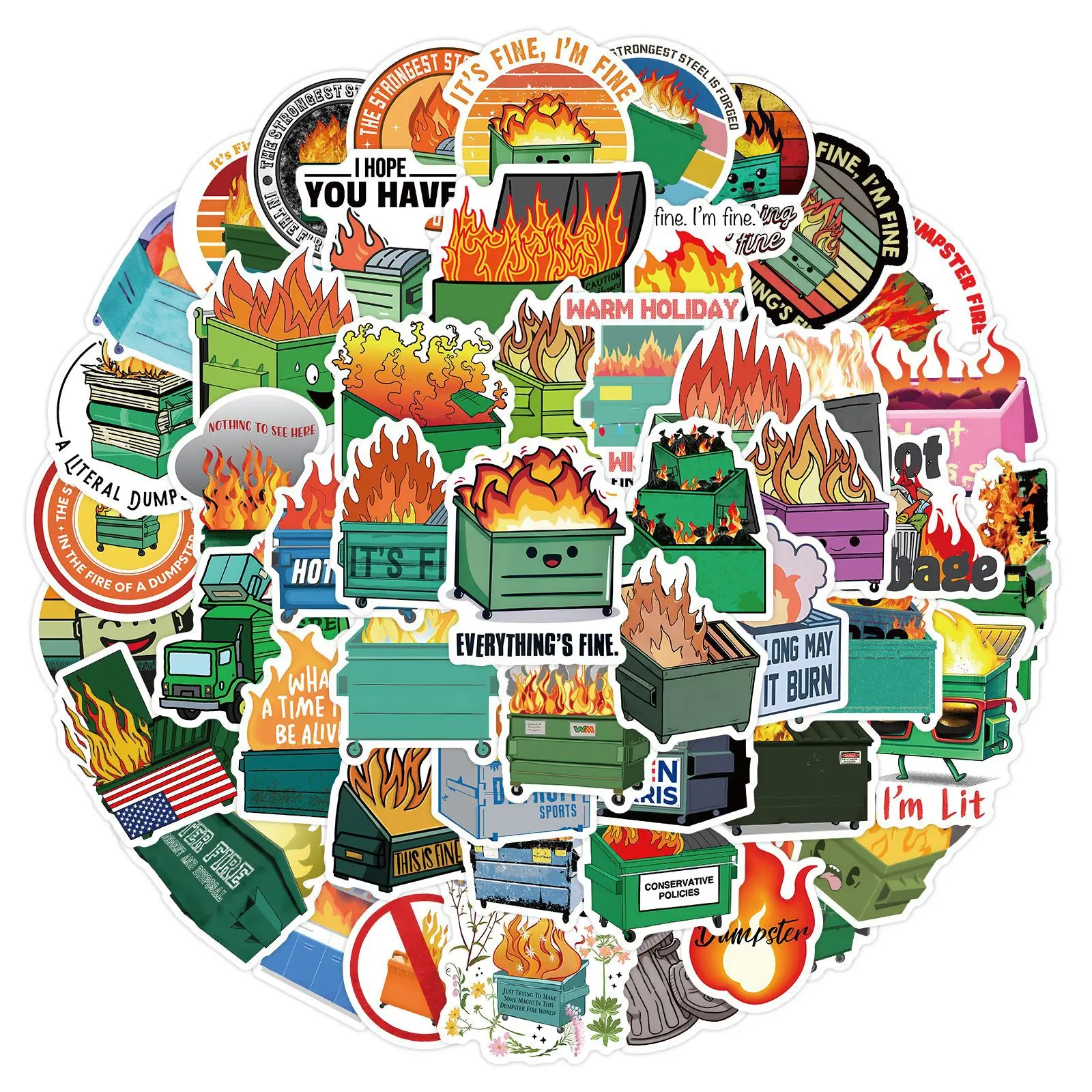 10/30/60Pcs Dumpster Fire Stickers For Suitcase Skateboard Laptop Luggage Phone Car Styling DIY Decal Pegatinas