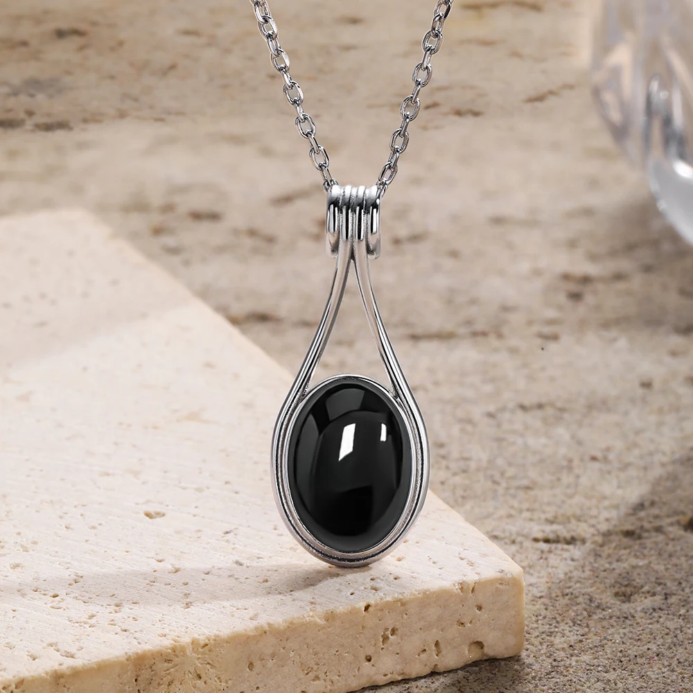 

925 Silver Natural Black Agate Necklace Pendant Oval 10X14MM Simple Vintage Style Necklaces Jewelry Gifts for Women Men