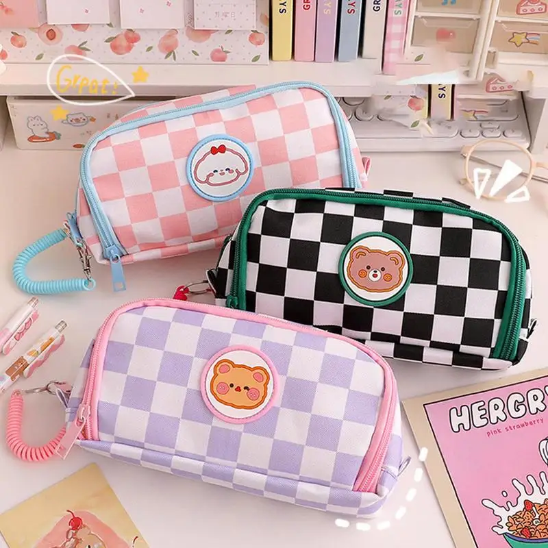 Portable Cartoon Pencil Case With Pen Insert Checkerboard Cute Pencil Bag School Student Stationery Storage Bag Canvas Girl Bags