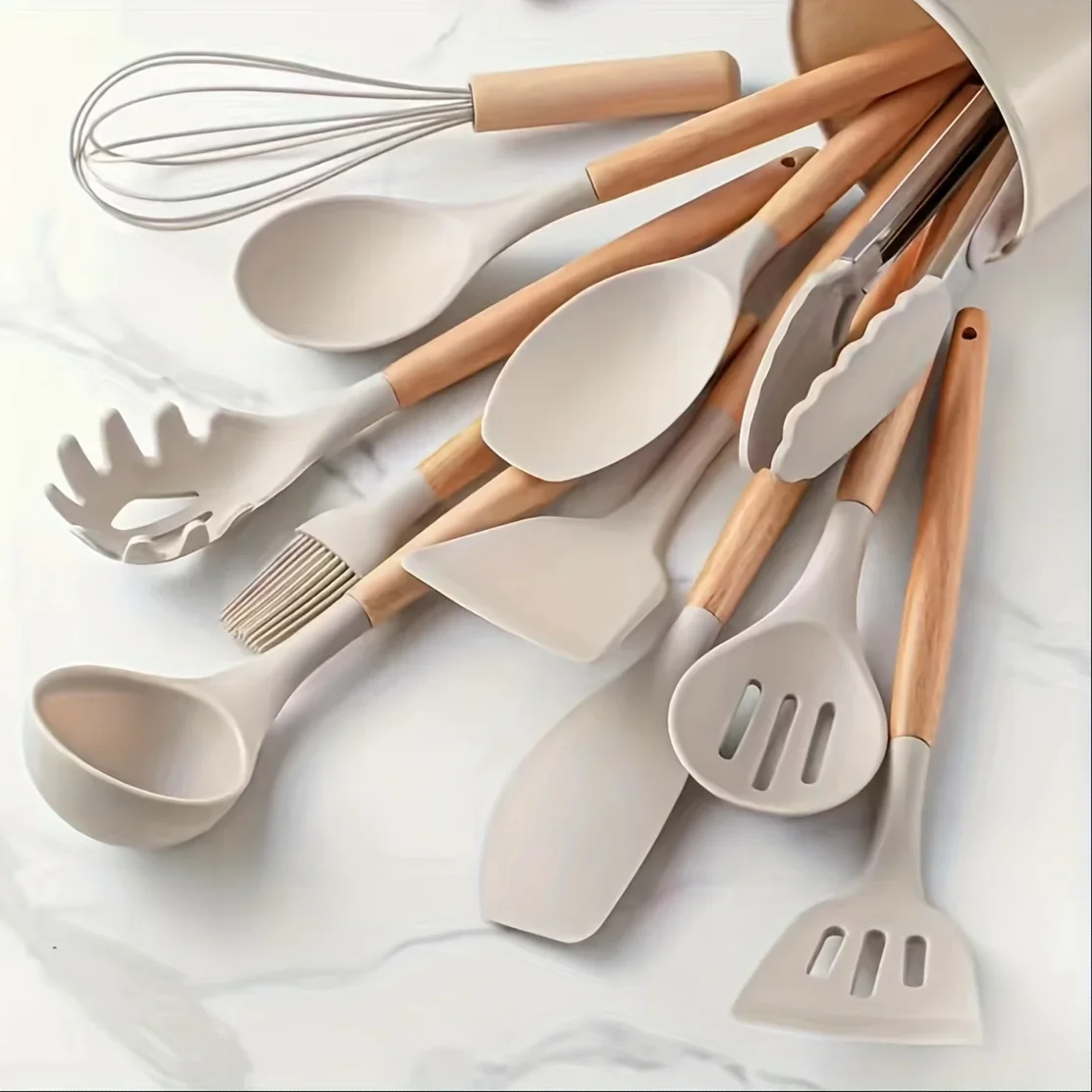 

Kitchen Cooking Utensil Set Heat ResistantFood Grade Wooden Handle Silicone Spatula Non Stick Pan