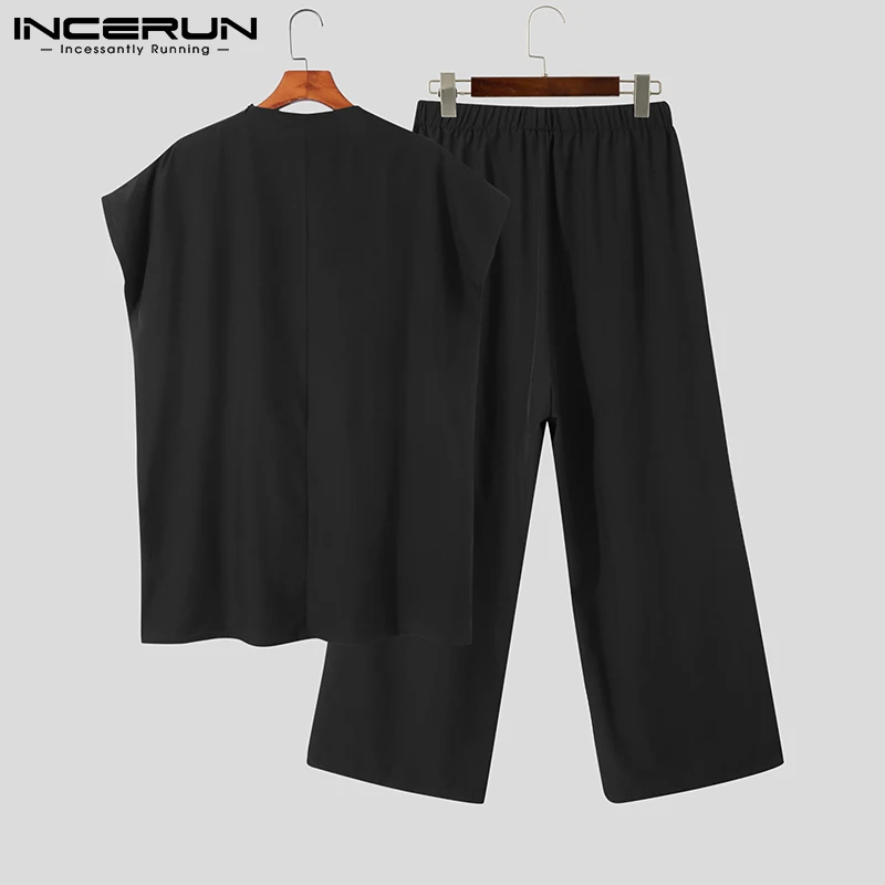 INCERUN Men Sets Muslim Clothing 2024 Loose O-neck Short Sleeve T Shirt & Wide Leg Pants 2PCS Solid Color Men Casual Suits S-5XL