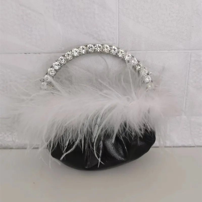 Ostrich Feather Rhinestone Party Evening Clutch Bags for Women Luxury Designer Purses Handbags Chic Wedding Bag Fold Pu Leather