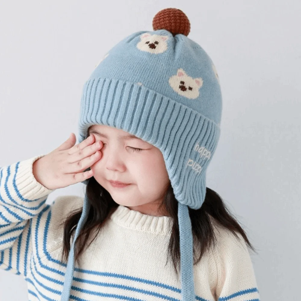 

Fleece Lining Winter Baby Crochet Hat Soft Windproof Toddler's Plush Knitted Cap Lace-up Breathable Kids Ear Protection Hat