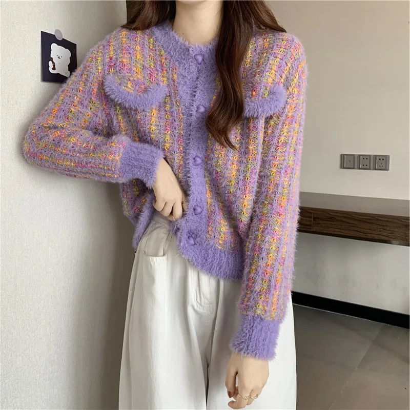 

French Sweater Outerwear Short Knitted Cardigan O Neck Long Sleeve Velvet Retro Button Up Elegant Jacket Coat For Women Cardigan