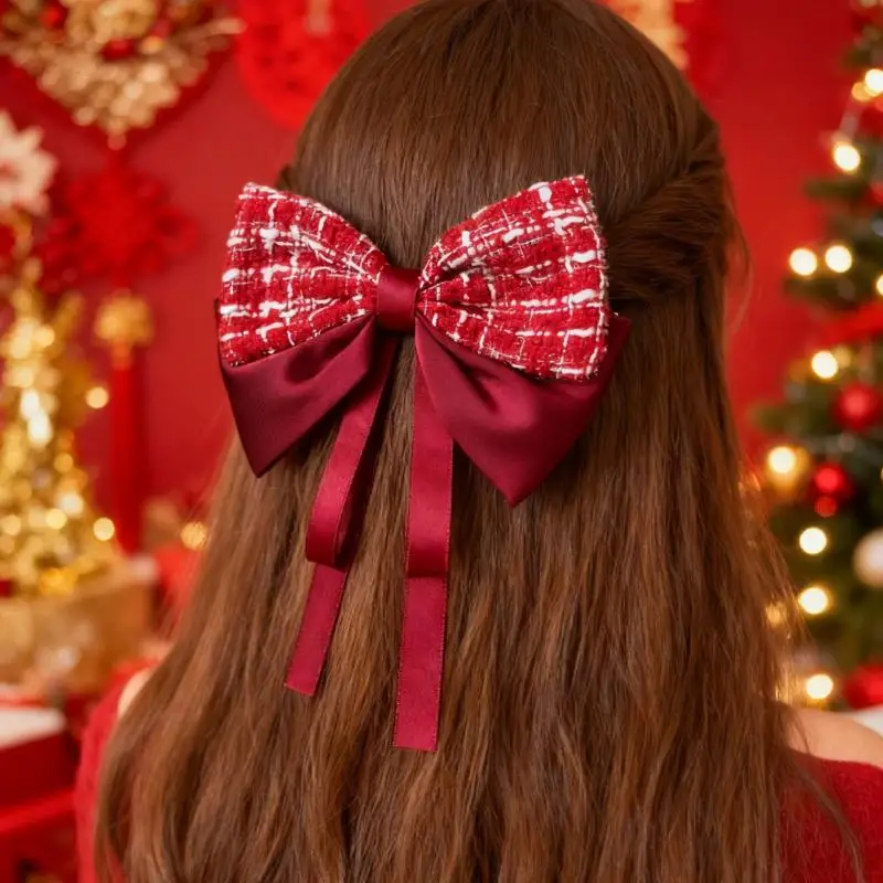 Fermaglio per capelli con fiocco scozzese rosso, fermaglio per capelli da donna, temperamento dolce, festa di Capodanno, copricapo da principessa, accessori per capelli alla moda, regali