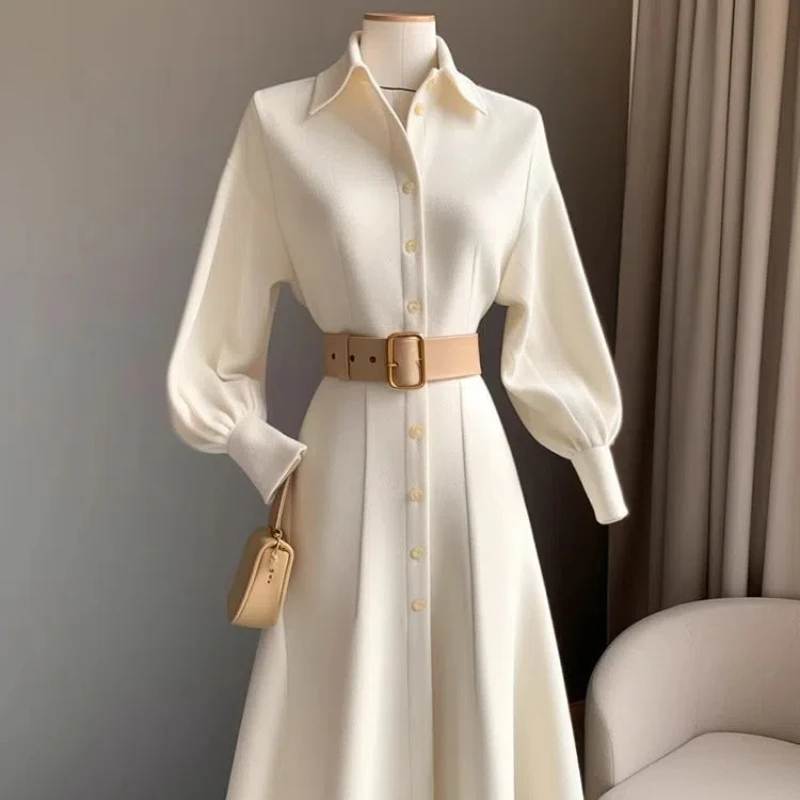 Advanced Atmospheric Fashionable Commuting Style White Dress Korean Version New Waist Cinching Slimming Shirt A-line Skirt