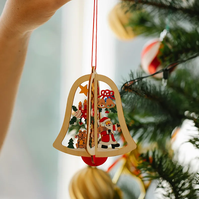 Merry Christmas 3D Wooden Pendant Star Xmas Tree Bell Hanging Pendants Ornament Home Christmas Party Gifts Decorations Navidad