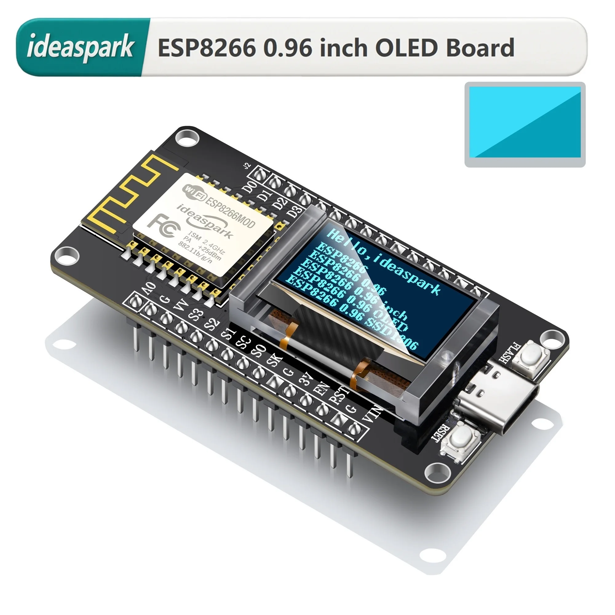 ideaspark ESP8266 Entwicklungsboard NodeMCU mit 0,96 Zoll OLED-Display, Displayschutzgehäuse, CH340, WLAN Wireless TypeC Modul