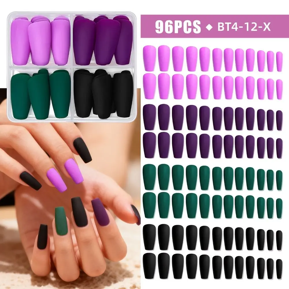 96pcs Coffin Ballet French False Nails Matte Pure Color Full Cover Nail Tips Detachable Mix Color Press on Nails