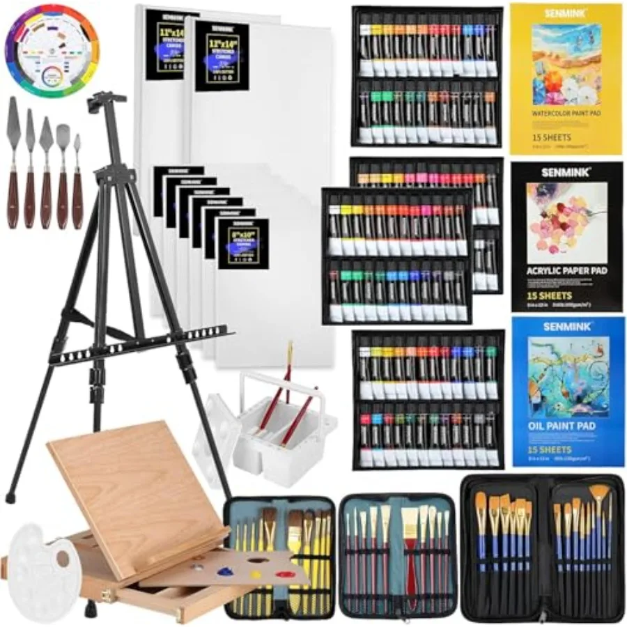 

Набор для рисования Deluxe Artist Painting Set, 149 предметов, с алюминиевым и буковым мольбертом, 48 цветов акриловых и масляных красок, 24 цвета акварельных красок A
