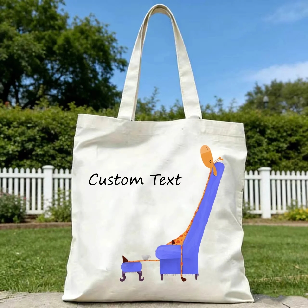 1PC Custom Text Canvas Tote Bag, Cute Lazy Giraffe Resting On Blue Armchair Print Reusable Casual Shoulder Shopping Bag